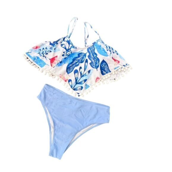 Blue‎ Floral Swimsuit Bikini 2 Piece Size Small Pom Fringe Vacation Beach Pool - Picture 3 of 10